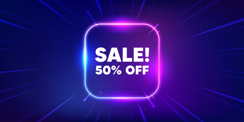 Sale 50 percent off discount. Neon light frame box banner. Promotion price offer sign. Retail badge symbol. Sale neon light frame message. Vector