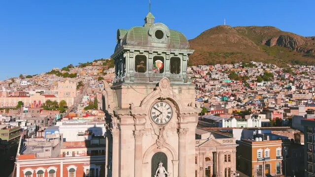Mexico, Pachuca: Aerial view of capital city of Mexican state of Hidalgo at sunrise, Monumental Clock (Reloj Monumental de Pachuca) - landscape panorama of Latin America from above