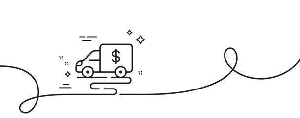 Fototapeta na wymiar Cash transit line icon. Continuous one line with curl. Money collector truck sign. Cash collection machine symbol. Cash transit single outline ribbon. Loop curve pattern. Vector