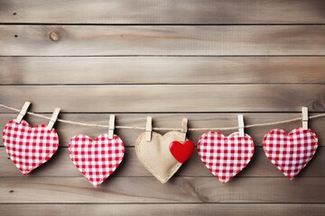 Obraz premium Hearts hanging on rope over wooden background. Valentines day background