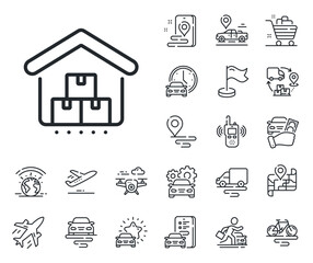 Goods warehouse sign. Plane, supply chain and place location outline icons. Storage line icon. Logistic center symbol. Storage line sign. Taxi transport, rent a bike icon. Travel map. Vector