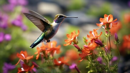 A hummingbird in mid-flight near a cluster of brightly colored wildflowers.
