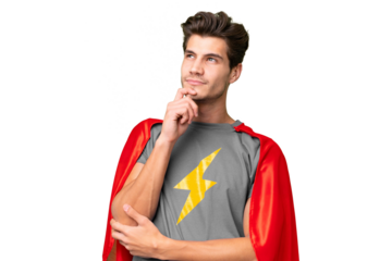 Young handsome caucasian man over isolated background in superhero costume and thinking