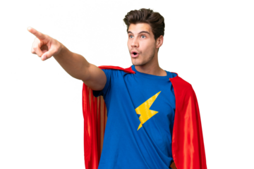 Super Hero caucasian man over isolated background pointing away
