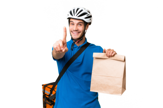 Young caucasian man taking a bag of takeaway food over isolated background showing and lifting a finger