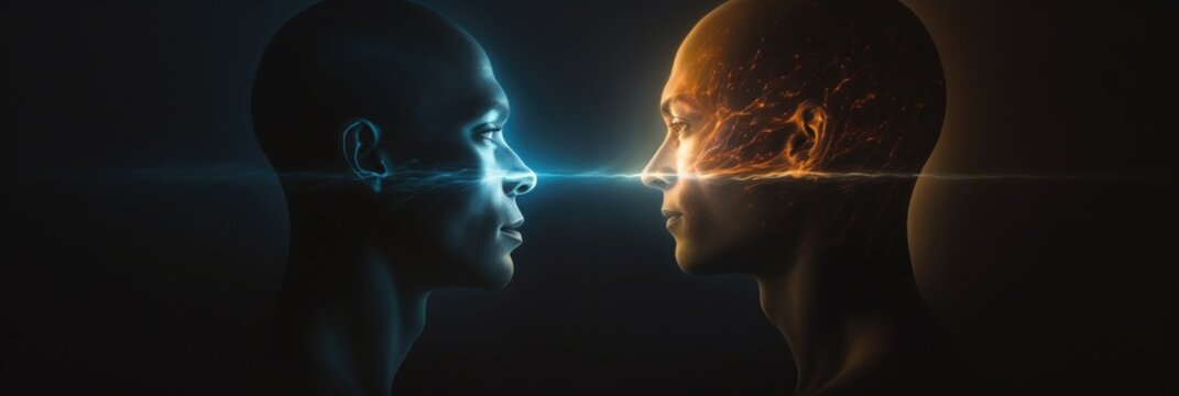 Between Two Human Figures: Glowing Energy and Light Form Connection and Intensity in Profile