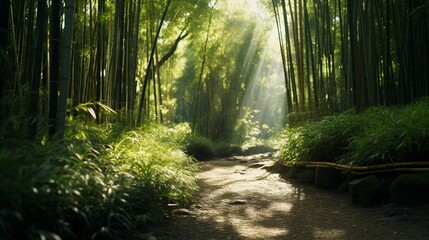 A path winding through a bamboo forest with dappled sunlight.