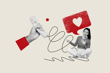 Creative drawing collage picture of positive young girl point excited hand hold handset phone call...
