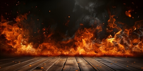 wooden table with Fire burning at the edge of the table, fire particles, sparks, and smoke in the air, with fire flames on a dark background to display products