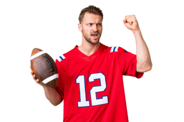 Young caucasian man playing rugby over isolated chroma key background celebrating a victory