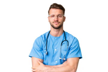 Young nurse man over isolated chroma key background keeping the arms crossed in frontal position