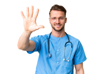 Young nurse man over isolated chroma key background counting five with fingers