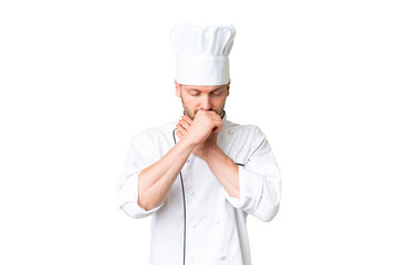Young caucasian chef over isolated chroma key background is suffering with cough and feeling bad