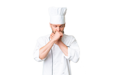 Young caucasian chef over isolated chroma key background is suffering with cough and feeling bad