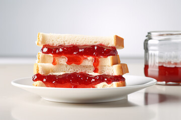 Red jelly sandwich halves on plate on kitchen table