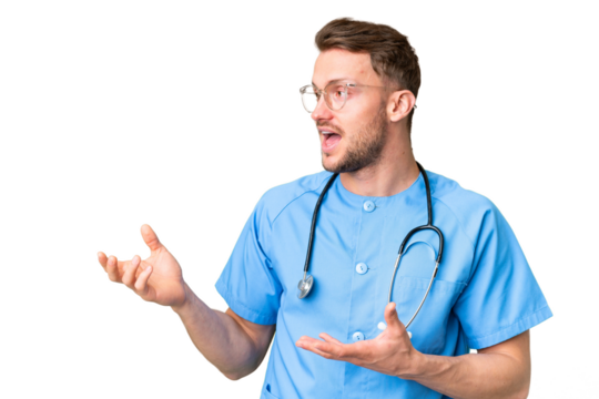 Young nurse man over isolated chroma key background with surprise facial expression