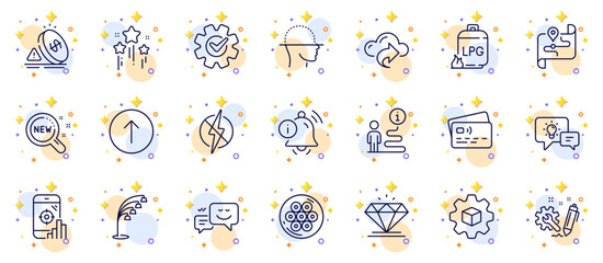 Outline set of New products, Information bell and Idea lamp line icons for web app. Include Engineering, Cogwheel, Stars pictogram icons. Diamond, Cable section, Gas cylinder signs. Vector