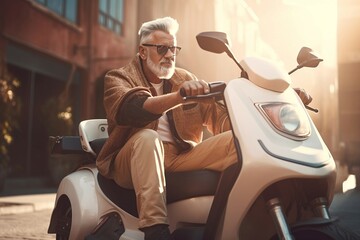 Mature male human sitting on white scooter in sunlight. Aged man driving on urban avenue with motorbike. Generate ai