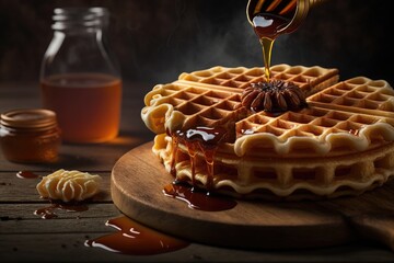 chocolate sauce drizzled over and mouthwatering waffles with whipped cream