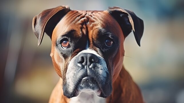 Close-up portrait of a Boxer dog with space for text, background image, AI generated