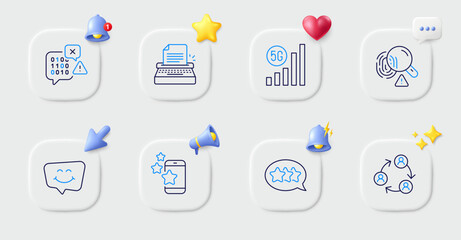 Binary code, 5g wifi and Best app line icons. Buttons with 3d bell, chat speech, cursor. Pack of Stars, Smile chat, Typewriter icon. Fingerprint, Teamwork pictogram. For web app, printing. Vector