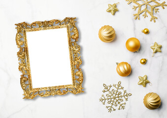 Świąteczna zdobiona złota rama na zdjęcie i dekoracje xmas  - obrazy, fototapety, plakaty