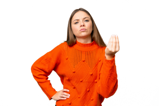 Young blonde woman over isolated chroma key background making Italian gesture