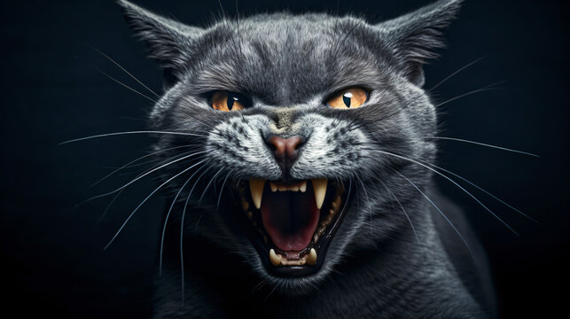 Angry Russian blue cat showing teeth