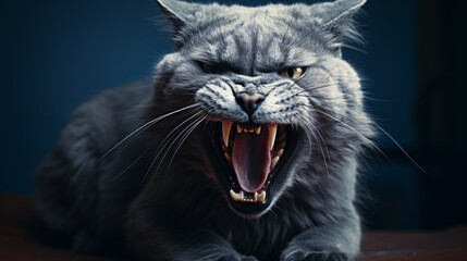 Angry Russian blue cat showing teeth