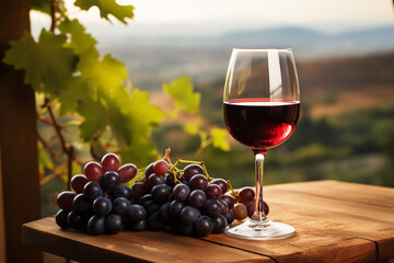 Glass of red wine on a wooden tabletop on a background of blurred grape plantations