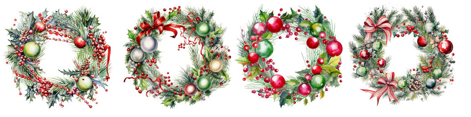 Set of watercolor christmas wreaths decorated with baubles and stars on white background