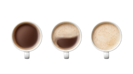 Top view of a row of three coffee cups with foam from less to more on a cut out PNG transparent background