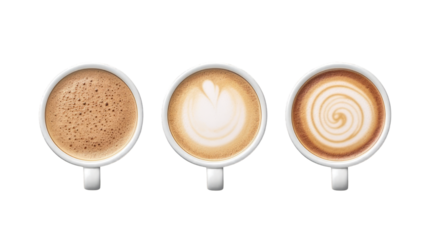 Top view of a row of three cups of coffee with milk with different forms of foam isolated on a cutotu PNG transparent background