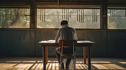 Asian man sitting and writing alone at old wooden school building while the sun raises  - obrazy, fototapety, plakaty