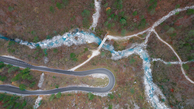 Arzino torrent in the province of Udine.
Silky, emerald water, aerial view. Udin
