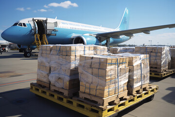 Pallets full of deli paper cases being loaded to a cargo plane. personal in charge