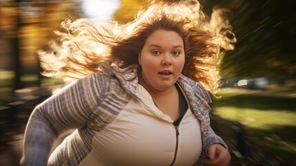 Chubby woman, 25 years old, running in the park, 