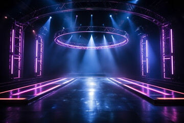 Stage with neon light in the dark, high really