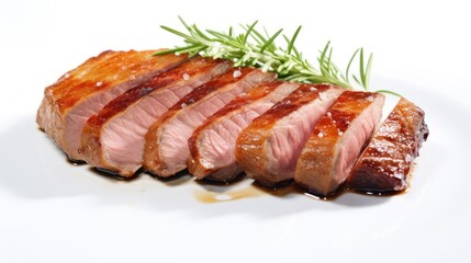 Close up of roasted duck breast fillet white background, Roast pork with herbs and vegetables