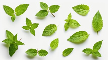 Collection of fresh mint leaves on white background, - obrazy, fototapety, plakaty