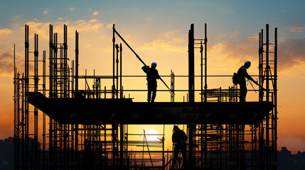 Industry Background. Silhouette of Engineer and Construction Team Working at Site with Light Flare