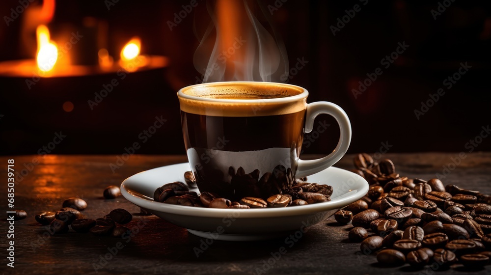 Wall mural Cup of espresso with coffee beans on an old black wooden 