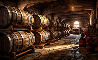 A winery with wooden wine barrels.