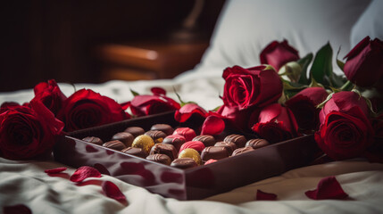 close up of chocolate box and roses on the bed for Valentine's day celebration