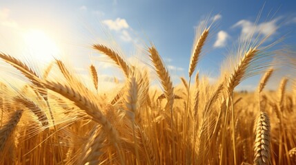 Fototapeta premium Golden Wheat Field Under the Warm Summer Sun,bright sky