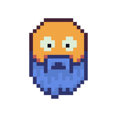 Man with blue beard and amazed big eyes, smiley, barbershop, old man face pixel art icon emoticon cartoon character. 8-bit flat style. Isolated abstract vector illustration.
