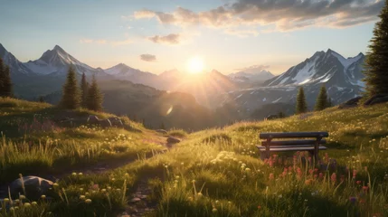 Stof per meter bench in alpine meadow  Old wooden bench with landscape beautiful mountain morning © CStock