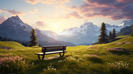 bench in alpine meadow; Old wooden bench with landscape beautiful mountain morning - obrazy, fototapety, plakaty
