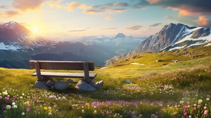 bench in alpine meadow; Old wooden bench with landscape beautiful mountain morning - obrazy, fototapety, plakaty