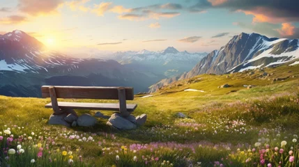 Foto op Plexiglas bench in alpine meadow  Old wooden bench with landscape beautiful mountain morning © CStock